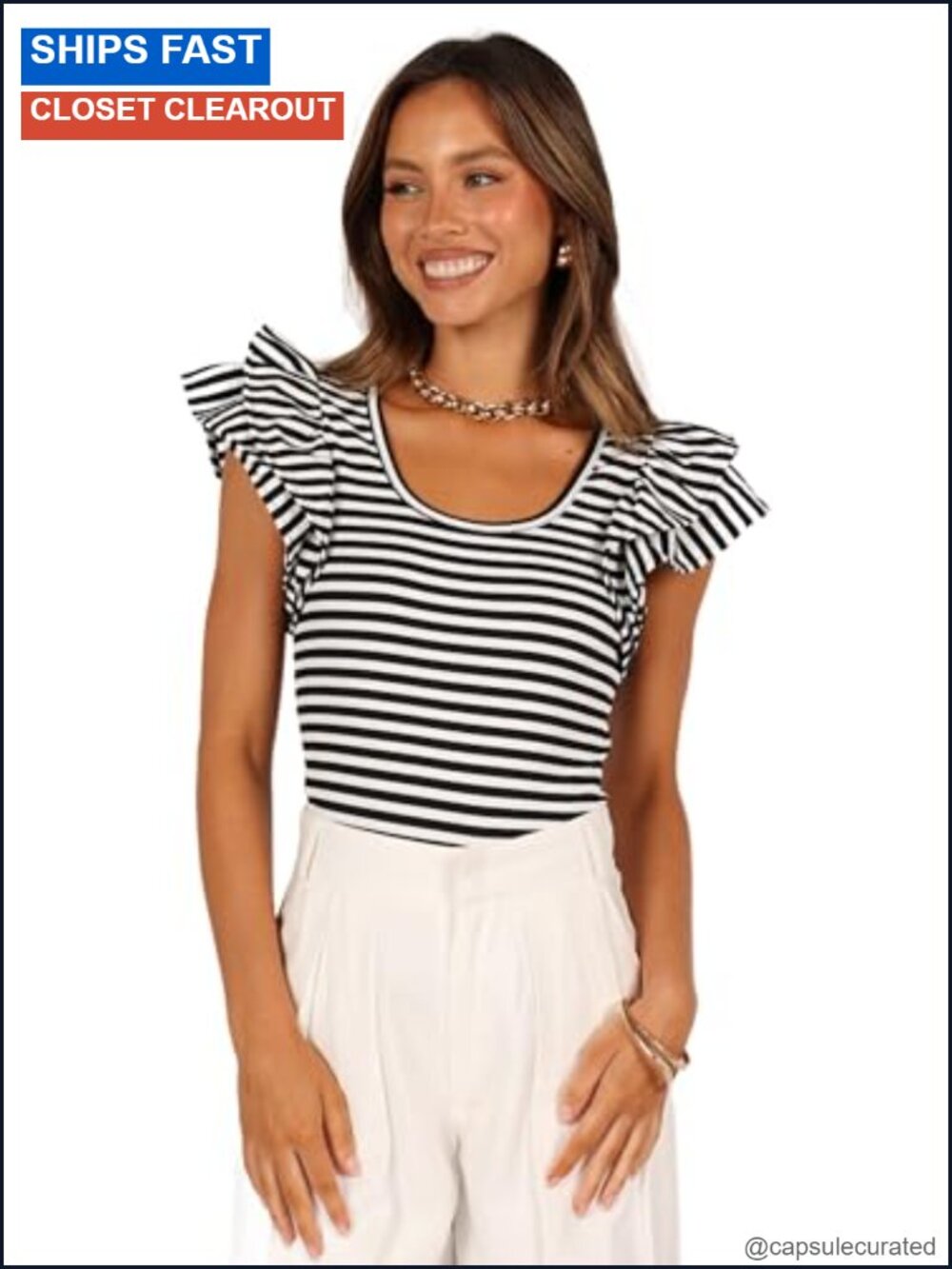 Ribbed Knit Ruffle Sleeve Stripe Tank Top